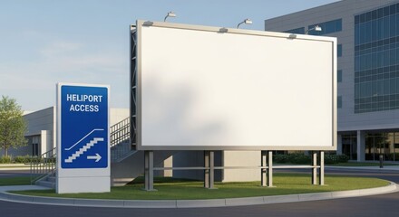 Fototapeta premium A large, blank billboard stands beside a sign indicating a helipad access point, near a modern building.