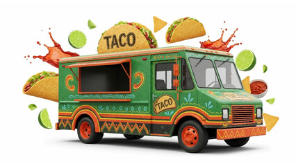 Fiery Taco Truck Surrounded by Floating Mexican Street Food Delights