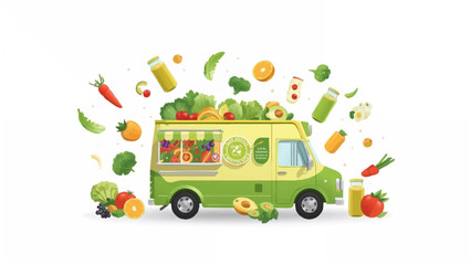 Fresh Grocery Delivery Van Surrounded by Floating Fruits and Vegetables"