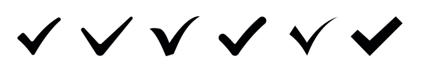 Сheck mark vector icons set. Simple tick and approved sign collection. Minimal black checkmark glyph symbols for correct, verified, or completed status. © Graphic Genius