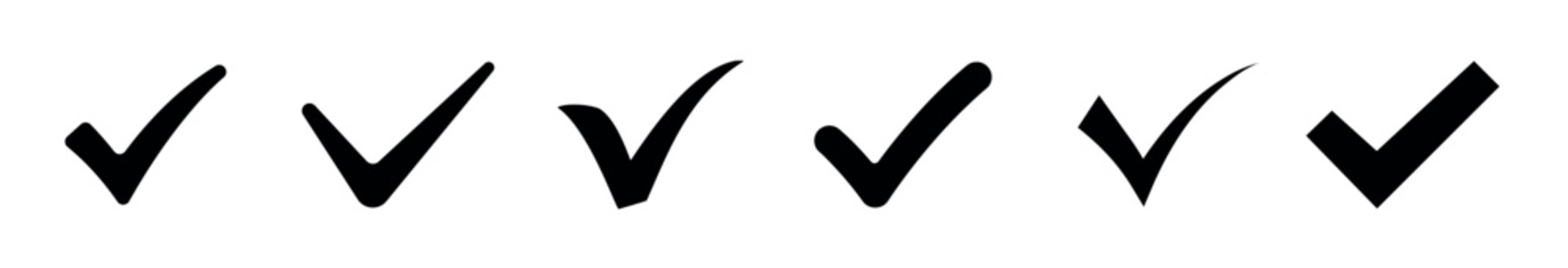 Сheck mark vector icons set. Simple tick and approved sign collection. Minimal black checkmark glyph symbols for correct, verified, or completed status.