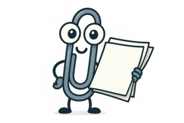 Paperclip mascot character holding documents, offering assistance, symbol of office communication and organization