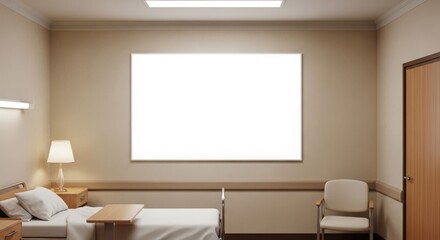 A clean and empty hospital room with a bed, chair, and blank white canvas.