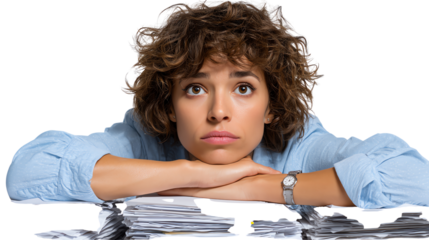 Uncertainty Unveiled: A woman rests her chin on her arms, with a troubled gaze, pondering the complexities of a challenging situation. 