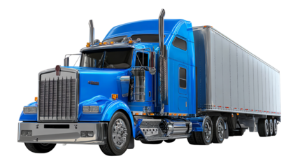 Blue Semi-Truck on the move: A powerful blue semi-truck dominates the frame, its colossal size emphasized against the sky, suggesting trade, travel, and the open road.
