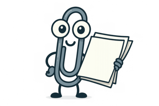 Paperclip mascot character holding documents, offering assistance, symbol of office communication and organization