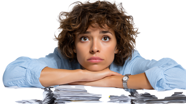 Uncertainty Unveiled: A woman rests her chin on her arms, with a troubled gaze, pondering the complexities of a challenging situation. 