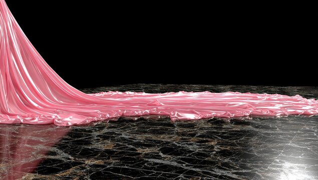Pink fabric drapes elegantly over a polished black marble surface.