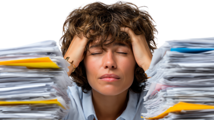 Overwhelmed by Workload: A woman, surrounded by towering stacks of paperwork, closes her eyes in a moment of intense pressure and stress.