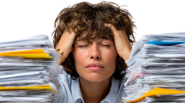 Overwhelmed by Workload: A woman, surrounded by towering stacks of paperwork, closes her eyes in a moment of intense pressure and stress.