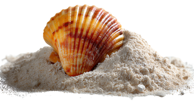 Seashell in the Sand: A single, intricate seashell rests delicately upon a mound of fine, sun-kissed sand, evoking a sense of tranquility and the mysteries of the ocean.