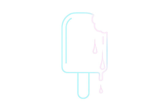 Popsicle neon gradient contour with a bite mark and melting drops, sweet summer dessert concept