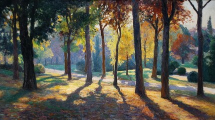 Obraz premium A sunlit scene of trees in autumn colors casting long shadows across a path