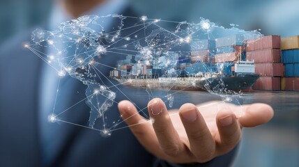 businessman hold global supply chain management responsibilities with network connected to manufacturers and distributors technology enhances efficiency and resilience across the supply chain