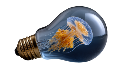 Luminous Bloom: A captivating interplay of marine life and modern innovation, where a delicate jellyfish elegantly floats within a light bulb, symbolizing creativity and the ethereal glow of ideas.