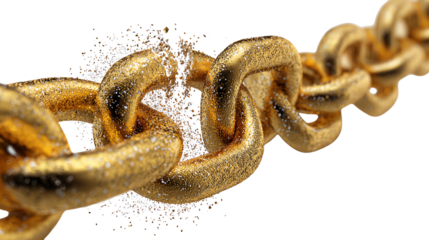 Breaking Free: A close-up shot captures the symbolic act of breaking a golden chain, representing freedom and liberation, with the links in the process of shattering