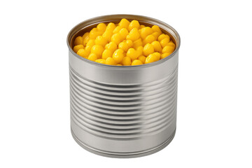 Sweet corn kernels in an open metal tin can on transparent background, canned food for healthy cooking and diet