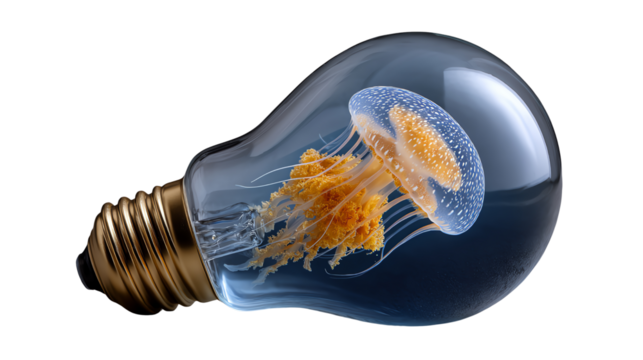 Luminous Bloom: A captivating interplay of marine life and modern innovation, where a delicate jellyfish elegantly floats within a light bulb, symbolizing creativity and the ethereal glow of ideas.