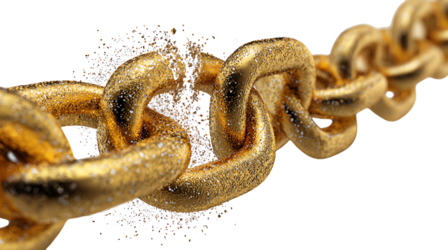 Breaking Free: A close-up shot captures the symbolic act of breaking a golden chain, representing freedom and liberation, with the links in the process of shattering
