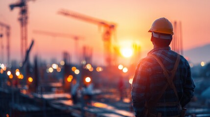 male construction worker observing progress at a large construction site during sunset representing infrastructure development and project oversight
