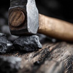Fototapeta premium Heavy hammer strikes dark rock fragments on weathered wood surface.