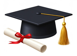 Graduation cap and diploma on white background 