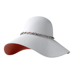 Elegant white wide brim hat with silver chain accessory for sun protection. stylish fashion headdress object