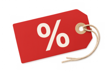 Red discount tag with percent symbol on transparent background indicating sales, promotions, and special price offers
