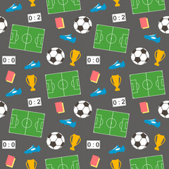 Soccer Seamless Pattern with Ball, Trophy, Field, and Scoreboard for Sport Background and Wrapping Paper