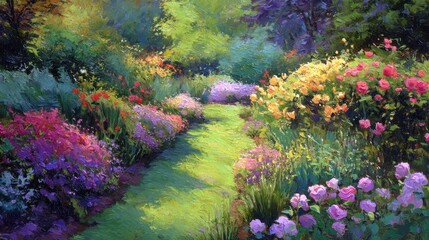 Obraz premium Lush floral garden with sun-dappled path and colorful blooms in impressionistic style