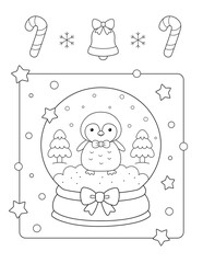 christmas coloring page with cute penguin in snow globe. ready to print on standard 8.5x11 inch paper.