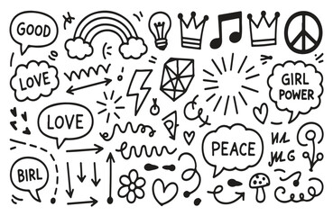 Obraz premium Black and White Hand Drawn Doodle Elements with Text and Symbols Keywords: abstract, arrow, art, bubble, birthday, celebration, cloud, crown