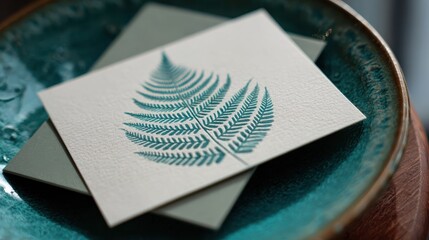 letterpress card with fern design resting on teal ceramic tray