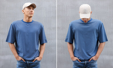 Young handsome man in t-shirt and cap against grey background, collage