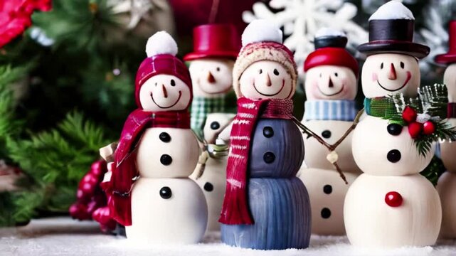 A group of snowman figurines made of wood and other materials, decorated with snow, berries, and other festive elements, against a background of Christmas decorations created with generative ai