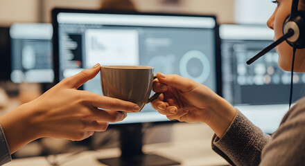 Subtle and human depiction of teamwork and kindness in a professional setting — ideal for corporate wellness, customer service, and leadership visuals.