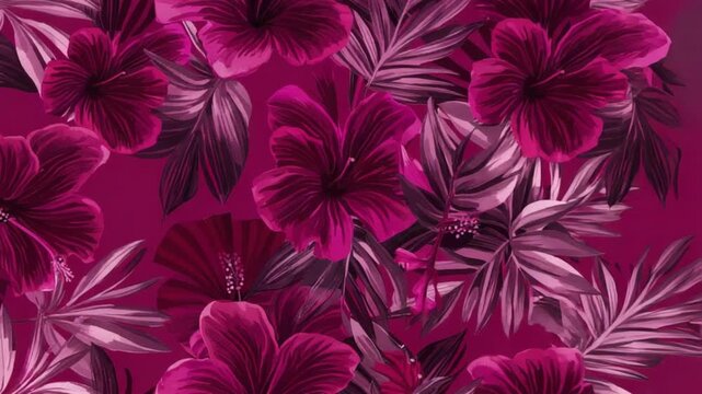 Seamless pattern of pink hibiscus flowers and leaves on a dark pink background illustration floral patterns backgrounds video