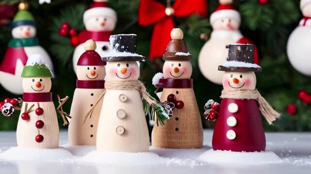 A group of snowman figurines made of wood and other materials, decorated with snow, berries, and other festive elements, against a background of Christmas decorations created with generative ai
