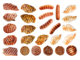 Grilled meat and sausages isolated on white, set