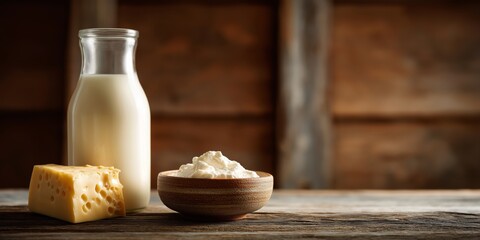 A selection of fresh dairy products with milk, cheese, and cottage cheese on a rustic wooden table. Healthy food and nutrition concept with copy space