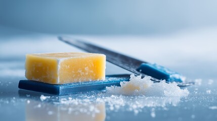 Close-up of ski and snowboard waxing equipment. Yellow paraffin wax, shavings, and a scraper for winter sports maintenance and preparation