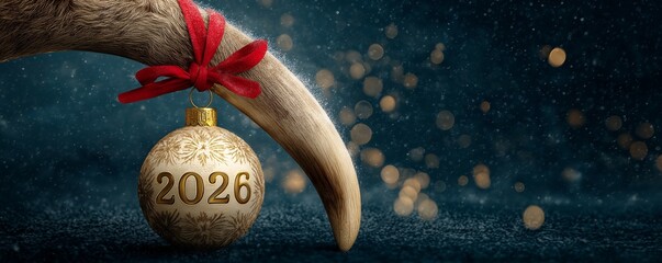 Christmas ornament for the new year 2026 hanging from a reindeer antler. Festive holiday celebration on a snowy winter background with bokeh lights. Wide banner with copy space