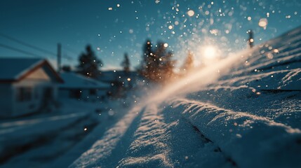 Blowing snow sparkles in the golden sunrise light on a winter roof. Cold weather scene with a blurred neighborhood background and bokeh effect