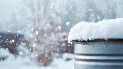 Snow falling on a metal barrel in a winter snowstorm. Close-up detail of snowflakes and frost. Cold weather background with copy space for text