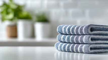 Clean blue and white striped towels stacked on a kitchen counter. Housekeeping and domestic chores concept. Blurred background with copy space