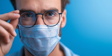 Close-up of a professional man in a medical face mask adjusting his glasses. Doctor or scientist looking at the camera on a blue background. Healthcare and vision concept with copy space