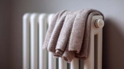 A wet scarf  draped over a white home radiator. Close-up of a central heating system with a thermostat. Winter comfort and energy consumption concept