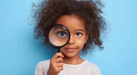 A curious young black girl looks through a magnifying glass over her eye. Portrait of a child exploring and learning. Investigation and discovery concept on a blue background with copy space