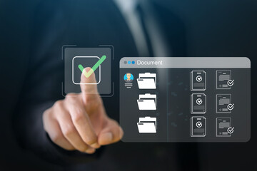Digital document management system with checkmark and virtual document folder interface, online document approval, digital workflow and paperless business technology process automation, secure data