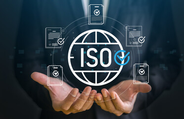 ISO certification process with digital interface, people with virtual icon for quality assurance, international quality standards, compliance and global trust, business accreditation and management